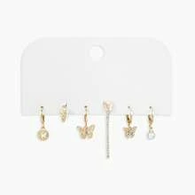 Multi-Style Stackable Earring Set 6 Pieces Rhinestone Butterfly Pearl Hoop Earrings Jewelry Gift For Women Girls Birthday Present - Gold - View 6