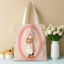 1pc Vintage Handbag - Doll Portrait Style, Durable & Washable, Spacious Shopping Bag, Suitable For Women's Fashion & Daily Use, Novel Handbag, Exquisite Pattern Design - Multicolor - View 2