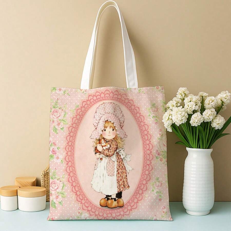 1pc Vintage Handbag - Doll Portrait Style, Durable & Washable, Spacious Shopping Bag, Suitable For Women's Fashion & Daily Use, Novel Handbag, Exquisite Pattern Design