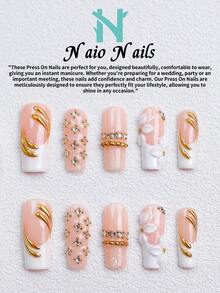 NAIO 10片/組手工穿戴式假指甲，3種尺寸：棺材形/杏仁形/短方型，Y2K優雅風，裸粉色法式美甲搭配3D葉片設計，金色與水鑽裝飾，適合女性與女孩，日常使用與派對，女士美甲禮物首選 - 彩色 - 查看 4
