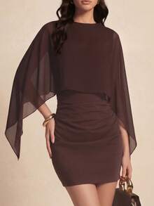 Vestido corto ligero 2 en 1 de color liso con mangas murciélago, ideal para citas nocturnas, vacaciones, fiestas de cumpleaños y uso diario. Elegante. - Café integral - Ver 2