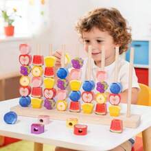 Juguete de apilamiento de cuentas de frutas de madera, juguete educativo para niños, aprendizaje temprano para bebés, entrenamiento de concentración, coordinación mano-ojo, juego de ensartar cuentas, cuentas grandes, ayuda de enseñanza Montessori para bebés y niños pequeños, reconocimiento de colores, bloques de clasificación y emparejamiento de frutas, juego de mesa de interacción entre padres e hijos, regalo para niños y niñas - Multicolor - Ver 4