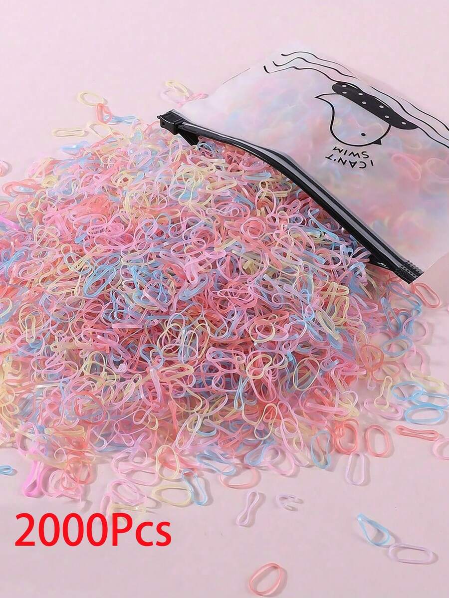 2000入女孩小號橡膠髮圈,夾鏈袋裝,彩色一次性馬尾紮髮圈,日常使用髮飾 - 彩色 - 查看 1