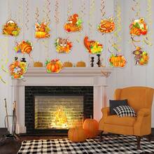 24pcs Thanksgiving Hanging Swirl Decorations 12pcs Pumpkin Maple Leaf Paper Cards 12pcs Orange&Yellow PVC Swirls Autumn Harvest Hanging Swirls Ceiling Decor For Fall Thanksgiving Party Home Decor - Multicolor - View 5
