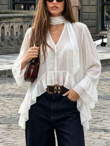 Women's Neckline Tie Bell Sleeve Ruffle Tulle Top, Bohemian Style Loose Fit White - White - View 5