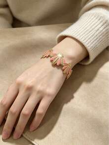 VceTd 2PCS/1PC Vintage Gentle Style Stainless Steel Women's Bracelet Set With Plumeria And Shell Shaped Enamel Craft Open Design, Suitable For Daily Layering Or Single Wear Or Vacation Wear Or Holiday Gift For Friends - Yellow Gold - View 6