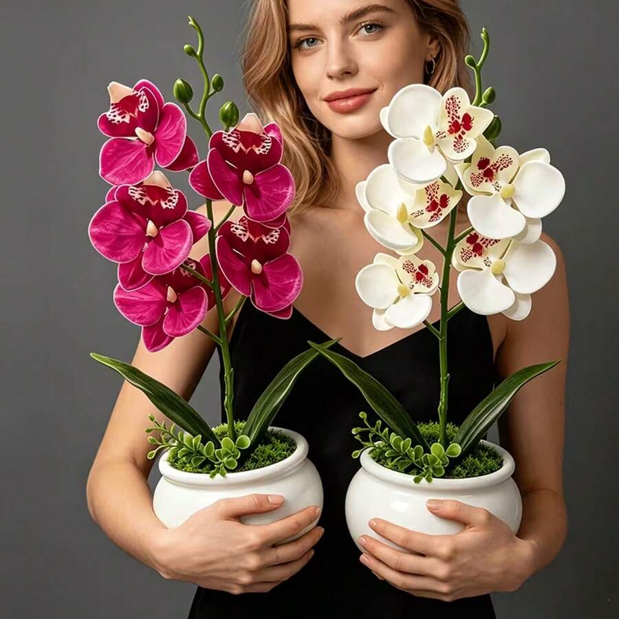 1pc Artificial Phalaenopsis Orchid Potted Plant, 11 Inch, 5 Exquisite Orchid Flowers, Suitable For Living Room, Entryway Or Desktop Decoration, Indoor/Outdoor Home Decor