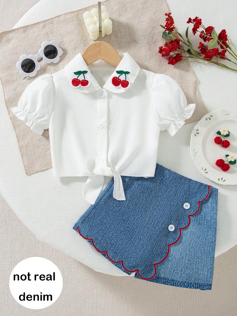2pcs/Set Girls' Casual Solid Color Short Sleeve Top With Patch Decor Princess Sleeve And Shorts, Spring/Summer - White - View 1