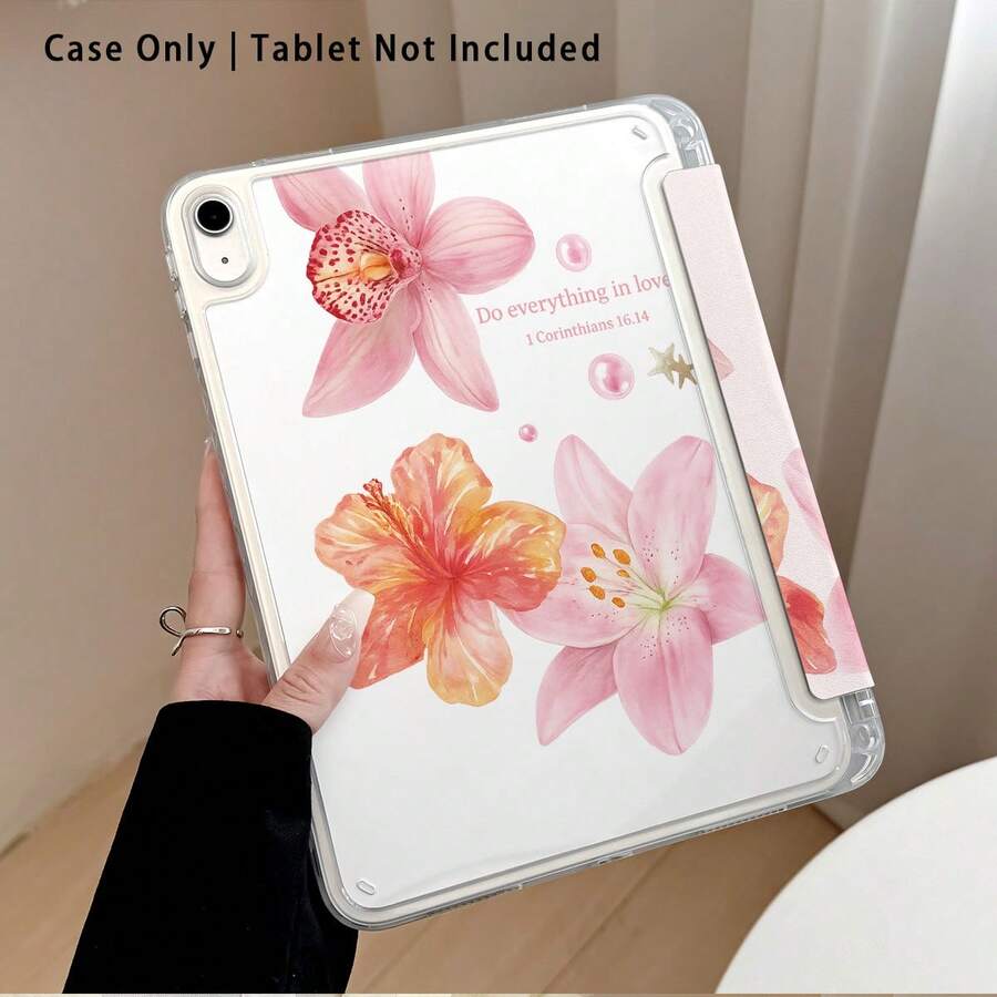 Lily And Other Pattern Painted Effect Acrylic Crystal Tablet Protective Case With Stand, Compatible With Samsung/Apple/Honor/ Popular Models, Foldable Anti-Bend, Silicone Reinforced Corners, Auto Wake/Sleep Function, Built-In Pen Slot, Multi-Angle Foldable Stand - Style 22 - View 1