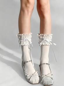 1/2 Paar Damen-Socken im japanischen Stil mit süßem Spitzenbesatz, einfarbige Slouch-Socken mit Schleife, mittelhoch, geeignet für Frühling, Sommer, Herbst, Winter, Dating, Reisen - Weiss - Übersicht 5