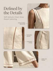 Women's Modest Boho Two-Piece Outfit Sleeveless Round Neck Cropped Blouse  Long Wide Leg Pants With Contrast Piping In Woven Fabric For Spring Outings - 香檳色 - 查看 6