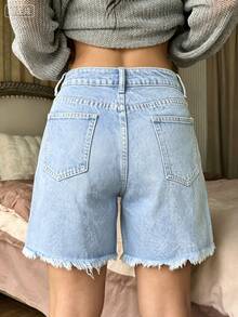 Happy Girl# Versatile Casual Fashion Leg-Lengthening Simple Frayed Hem Student/College Style Women's Denim Shorts - Blue - View 10