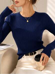 Women's Navy Blue Long Sleeve Ribbed Crew Neck Knit Sweater, High Elasticity Regular Fit, Suitable For Autumn/Winter Wear - Navy Blue - View 4