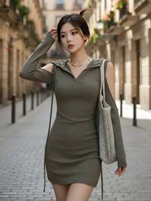 Vestido de verano corto para mujer de unicolor, simple, espalda descubierta, Vestido mini ajustado de moda con cordones y capucha, ropa Y2K para mujer - Verde Oscuro - Ver 2