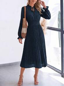 PRETTYGARDEN Women's Spring Fall Midi Dress Casual Long Sleeve V Neck Swiss Dot Pleated A Line Flowy Dresses New Years Party Valentine Vacation Dresses For Women - 藏蓝色 - 查看 3