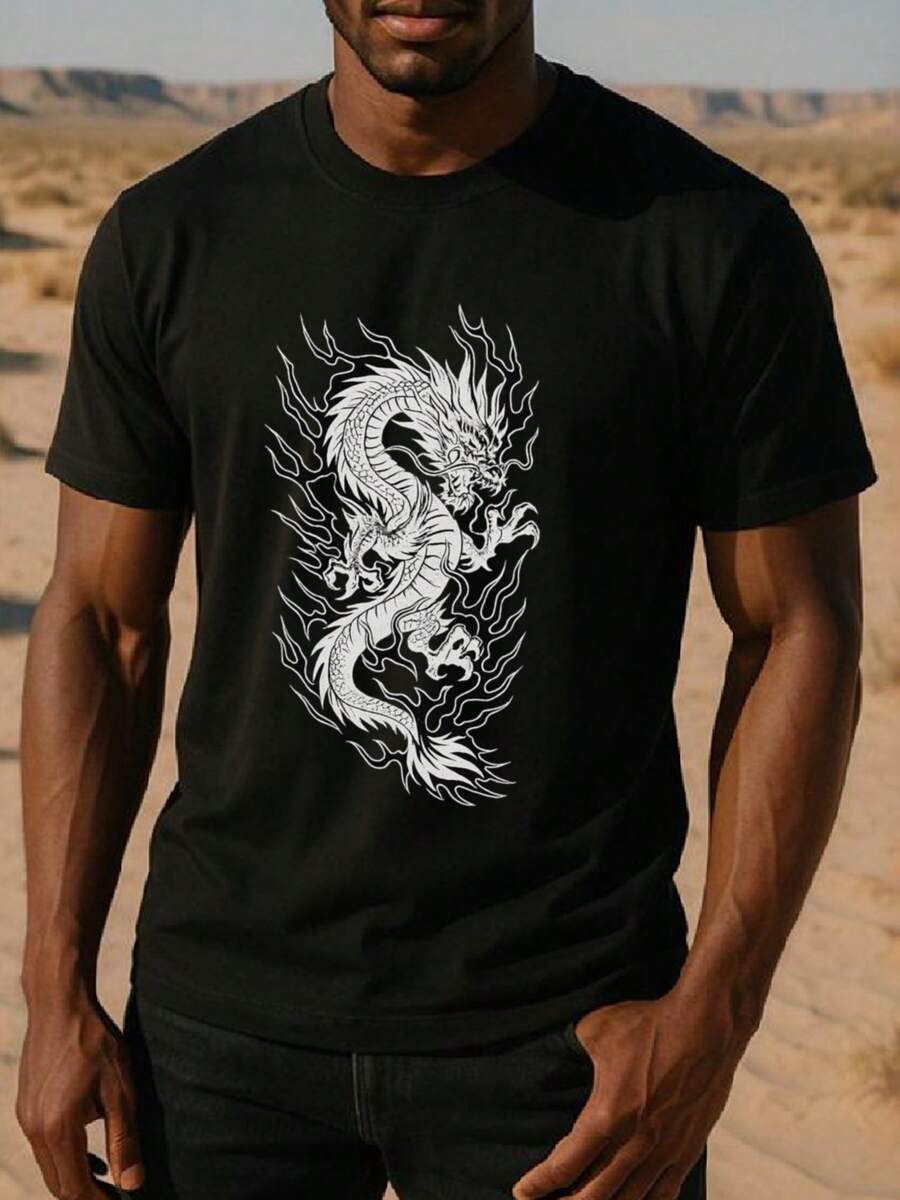 2026 Men's T-Shirts: A Stylish Short-Sleeved T-Shirt With A Lucky Oriental Black Dragon Totem For Men, Designed With A Loose Crew Neck. - 黑色 - 查看 1