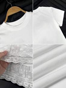Damen T-Shirt mit Spitzen-Patchwork, besticktem Besatz, Rundhalsausschnitt und kurzen Ärmeln, vielseitiges figurschmeichelndes Sommer-Top - Weiss - Übersicht 9
