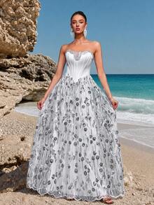 VIPGIRL Nuevo vestido de noche formal elegante con corsé sin tirantes, blanco, con pedrería pesada y cristales, vestido de novia para mujer, decorado con apliques de cuentas y para fiestas - Blanco - Ver 3
