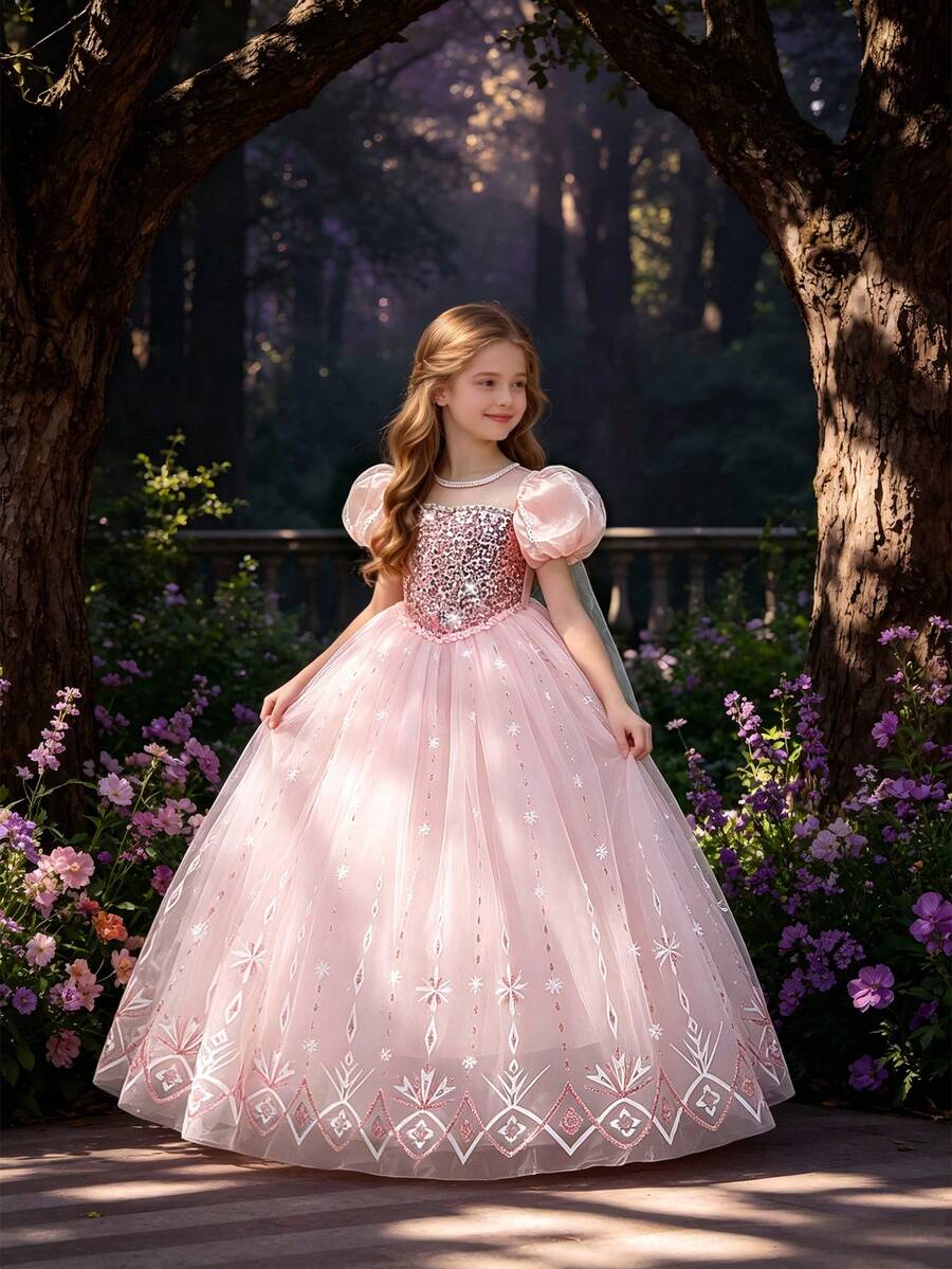 Young Girls Sequin Snowflake Puff Tulle Elegant Princess Dress With Cape, Suitable For Party, Headband Not Included - Baby Pink - View 1