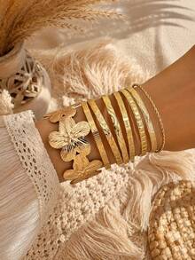 Juego de 8 brazaletes vintage apilables con grabado y abertura, accesorios de joyería de pulseras boho con múltiples patrones - Amarillo Oro - Ver 1