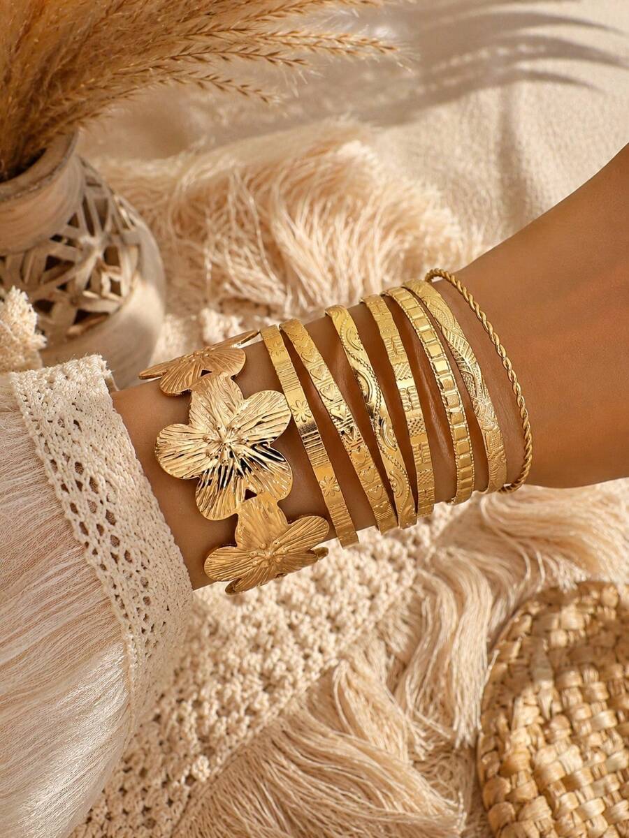 Juego de 8 brazaletes vintage apilables con grabado y abertura, accesorios de joyería de pulseras boho con múltiples patrones - Amarillo Oro - Ver 1