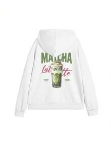 Sweatshirt Berkerudung Wanita, Motif Minuman Musim Gugur/Dingin Terbaru & Cetakan Huruf, Desain Tali Serut, Dengan Saku, Putih Kasual Musim Gugur - Putih - View 3