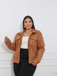 Women's Wool Coat With High Neck, Zipper And Pockets, Casual Winter - 駝色 - 查看 3