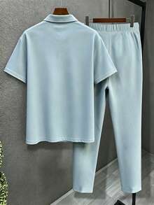 Plus Size Men's Set, Summer Short Sleeve Top And Pants 2-Piece Set, Plus Size Men's Solid Color T-Shirt Set - Baby Blue - View 3