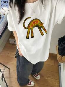 Women's Fashion Casual Loose Fit Cartoon Cat Print Short SleeveT-Shirt, Versatile For Summer White - White - View 1