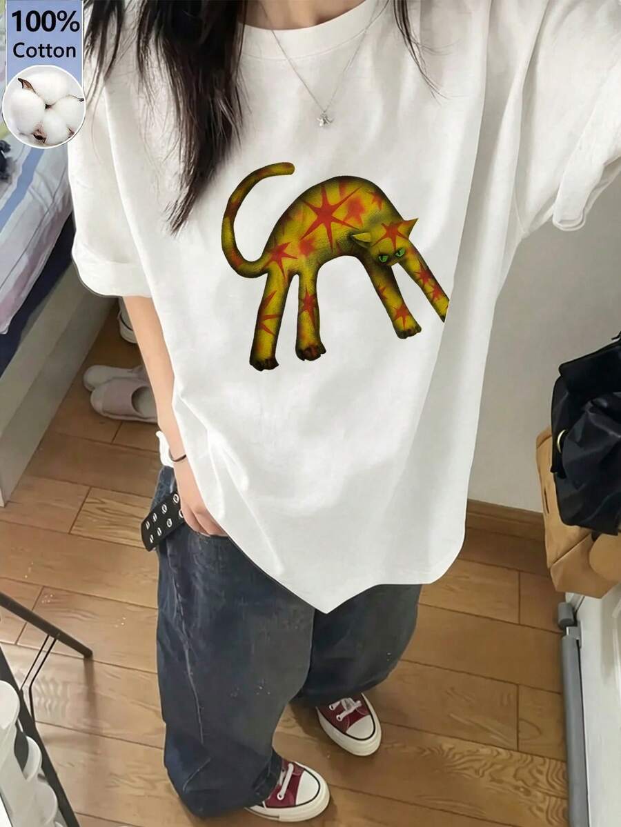 Women's Fashion Casual Loose Fit Cartoon Cat Print Short SleeveT-Shirt, Versatile For Summer White - White - View 1