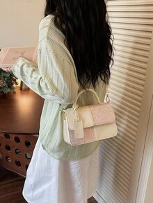 女款方形手提包，雙色格紋拼接設計，時尚優雅簡約，斜背包，粉紅色 - 淺粉色 - 查看 6