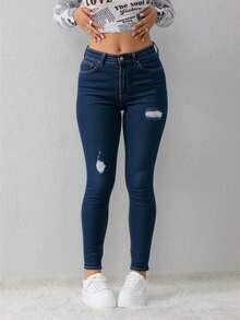 Pantalon De Mezclilla Dam, Jeans ajustados de cintura alta elásticos azules de moda para mujer, Pantalones vaqueros de mezclilla vintage rotos ajustados de corte slim,Suave y cómodo - 2045 - Ver 2