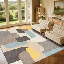 Cashmere-Like Grey, Yellow And Beige Geometric Abstract Pattern Printed Outdoor Rugs, Exquisite Cozy Carpets In Diverse Styles. Suitable For Home, Outdoor, Malls & Cafes, Machine Washable, Various Sizes Available. - A - View 1