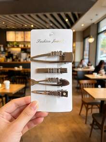 4pcs/Set Silver Letter Mini Alloy Hair Clips, Combination Set, Cool Style Niche Design Premium Side Bang Clips, Versatile Alligator Hair Clips,Claw Clips - Silver - View 6
