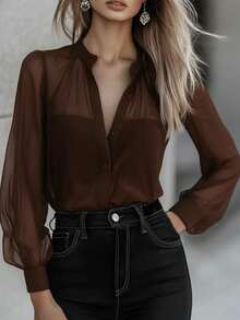 Blusa de mujer de unicolor, de manga larga, de un solo pecho, elegante y versátil, para el verano - Burdeos - Ver 1