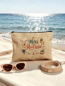 Bolsa de maquillaje impresa para maestros – Diseño "Merci Maîtresse" (Gracias, maestra), con libros, manzanas y plumas estilográficas – Bolsa de almacenamiento lavable - Ver 6
