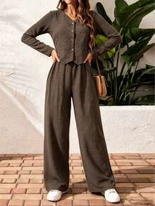 YI XUAN Women's Casual Short Button-Up Shirt And Loose Wide-Leg Pants Set, Vintage Textured Long Sleeve Top With Comfortable Long Pants, Suitable For Daily Wear, Autumn - Chocolate Brown - View 3