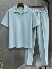 Plus Size Men's Set, Summer Short Sleeve Top And Pants 2-Piece Set, Plus Size Men's Solid Color T-Shirt Set - Baby Blue - View 2