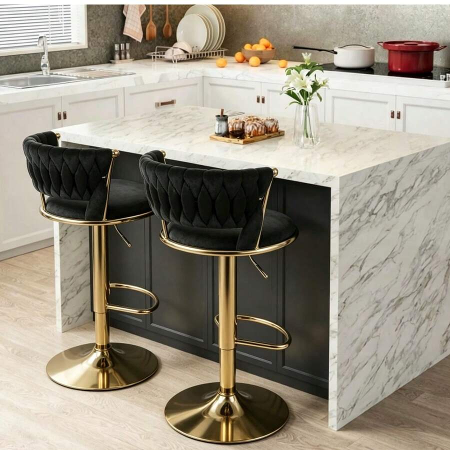 Bar Stools Set Of 2, 360° Swivel Velvet Counter Height Bar Chairs With Woven Backrest, Plush Upholstered Seats & Gold Metal Legs Furniture For Kitchen Island Dining Room Home Bar, Black - Black Set Of 2 - View 1