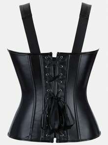 Women's Dark Punk PU Leather Double Strap Corset Top, Waist-Cinching Body-Shaping Bustier, Sexy Vintage Bust-Support Top, Daily Party Wear, Halloween Costume, Cosplay, Black Corset Top - Black - View 3