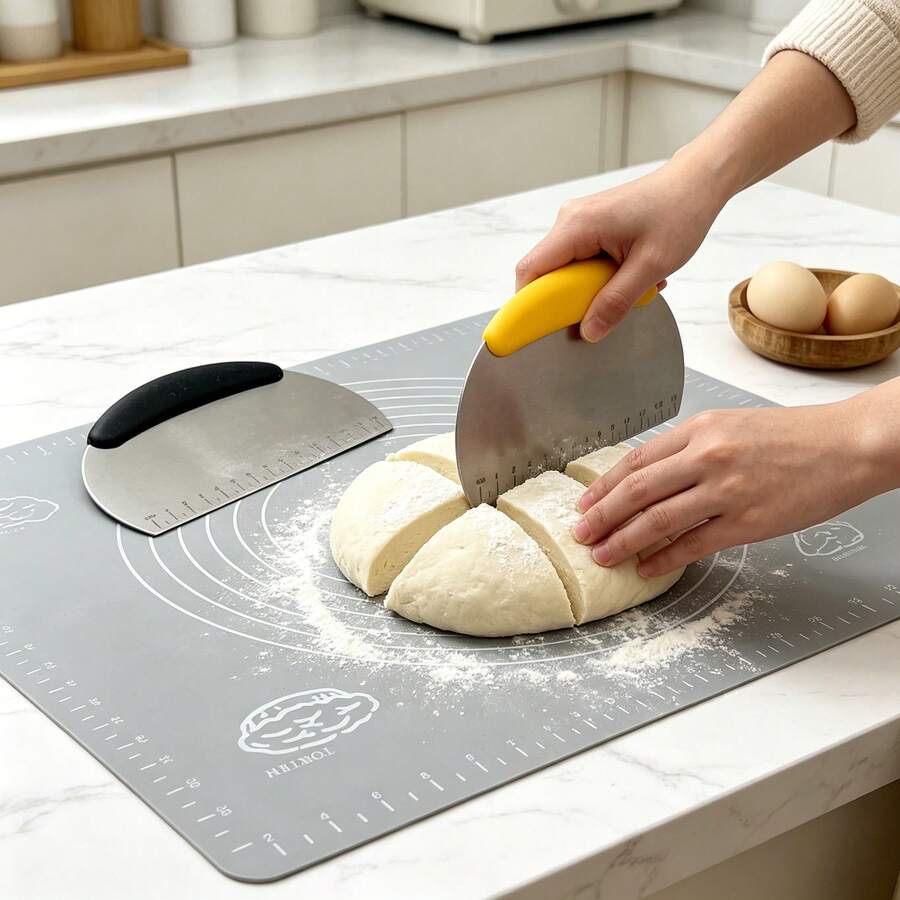 This 2 Pieces Multi-Functional Dough Cutter Set Includes A Measuring Ruler, A Stainless Steel Countertop Scraper And Shredder, And A Pizza Dough Scraper. Suitable For Making Cakes, Pizzas, And Bread, It's Easy To Use And Perfect For Home Baking. - Silver - View 1