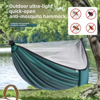 1 Set Hamaca de Camping con Mosquitera, Hamaca Portátil para Exteriores, Ultraligera de Nylon de Paracaídas, Cama Colgante Transpirable para una Persona, para Camping, Senderismo, Viajes, Mochileros, Playa, Patio Trasero, Jardín, Terraza, Fácil de Instalar con Bolsa de Almacenamiento, Trekking