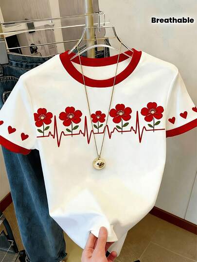 1pc Girls' Red Trim Contrast Color Round Neck Short Sleeve T-Shirt, Floral Pattern Children's Summer Daily Undershirt