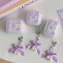 Pink/Silver Drip Glue Bow Wireless Bluetooth Earphone Case Compatible With Apple For AirPods Pro3/4th Generation/3rd Generation Pro/Pro2 Shockproof Bluetooth Earphone Protective Bow Pendant Gift For Girlfriend - Purple - View 4