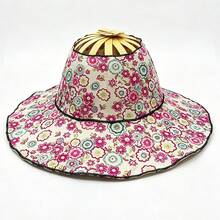 Topi Matahari Lipat 2-in-1 dengan Kipas Genggam, Topi Matahari Portabel dengan Tali Pengikat Terintegrasi, Topi Matahari Anyaman Bambu Motif Bunga untuk Wanita - Topi Kipas Lipat 2-in-1 - View 14