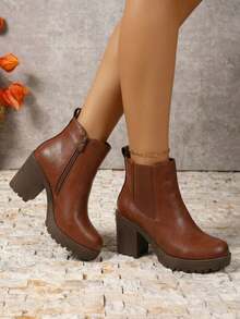 Women's Chunky Low Heel Chelsea Ankle Booties, Fashion Platform Fall Boots With Side Elastic Panels - Rust Brown - View 2