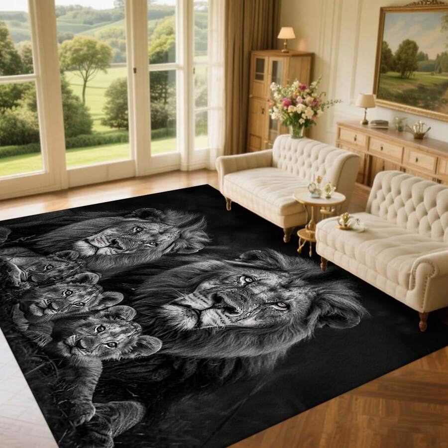 Cashmere-Like Black And White Lion Illustration Pattern Printed Outdoor Rugs, Exquisite Cozy Carpets In Diverse Styles. Suitable For Home, Outdoor, Malls & Cafes, Machine Washable, Various Sizes Available. - A - View 1