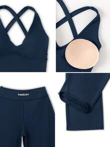 TimeOff Women's One Set Solid Color Built-In Padded Cropped Tank Top With Side Pockets And Pleated Waist Wide Leg Mid-Length Pants Sports Set - Blue - View 5
