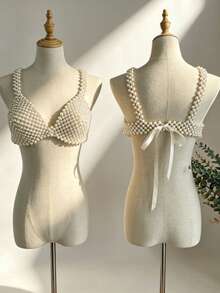 DEKUNER Pearl Beaded Bra For Women, Wearable Bra Top, Vacation Beach Body Jewelry - White - View 4