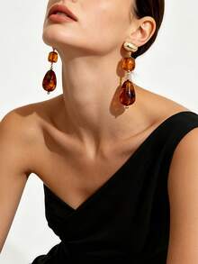 1 Pair Luxury Vacation Style Gold-Plated Faux Amber Resin Square & Teardrop Patchwork Long Dangle Earrings, Niche Elegant Jewelry For Women Beach & Commute - Golden Yellow + Tortoiseshell - View 2